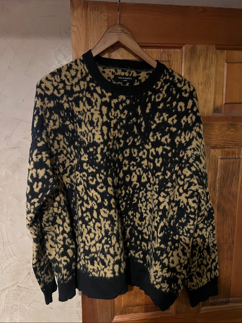 All Saints Black and Beige Leopard-Print Crewneck Sweater